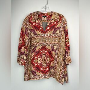 Talbots Silk/Linen Blend Blouse Top Tunic 3/4 Sleeves Collared Medallion Sz 14P